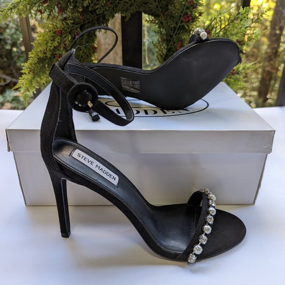 STEVE MADDEN Solitaire Stiletto Sandals Diamond Pearl Studs Ankle Strap Size 9 - Picture 14 of 15